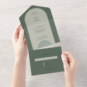 Modern Boho Geometric Arch Sage Green Wedding All In One Invitation