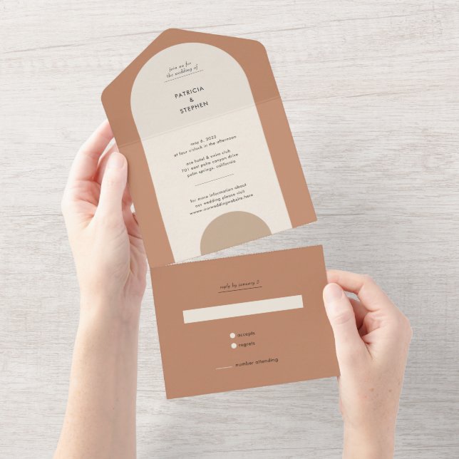 Modern Boho Geometric Arch Terracotta Wedding All In One Invitation (Tearaway)