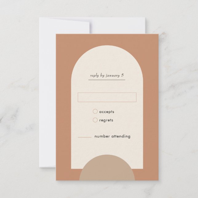 Modern Boho Geometric Arch Terracotta Wedding RSVP Card (Front)