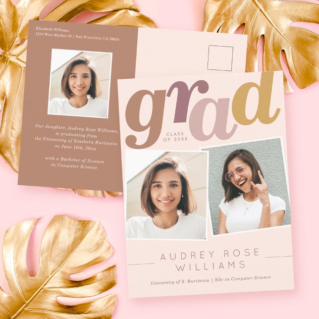 Modern Boho Grad Typography Blush Photo Graduation Postcard (Creator Uploaded)