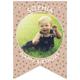 Modern Boho green Custom birthday photo bunting Bunting Flags