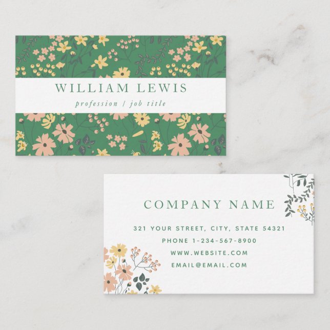 Modern Boho Green Floral Pattern Business Card (Front/Back)