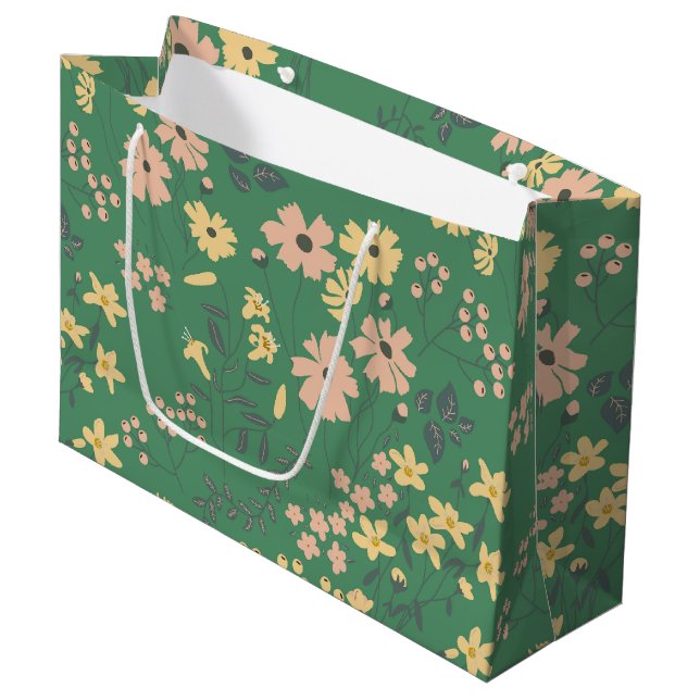 Modern Boho Green Floral Pattern Large Gift Bag (Front Angled)