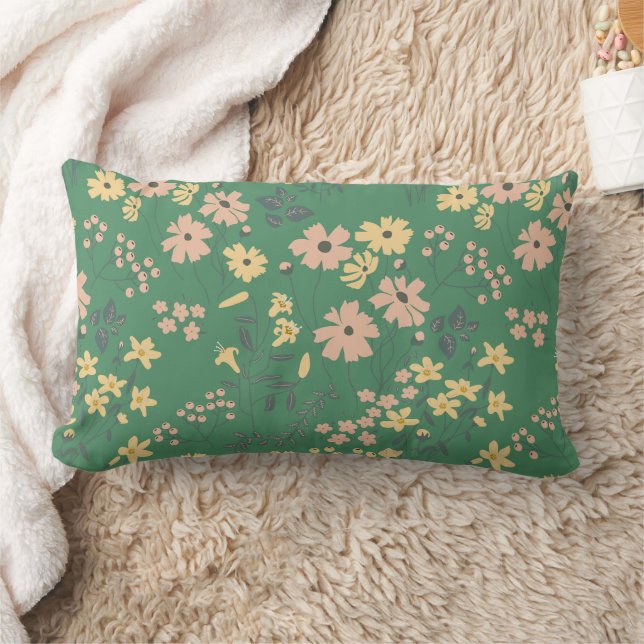 Modern Boho Green Floral Pattern Lumbar Pillow (Blanket)
