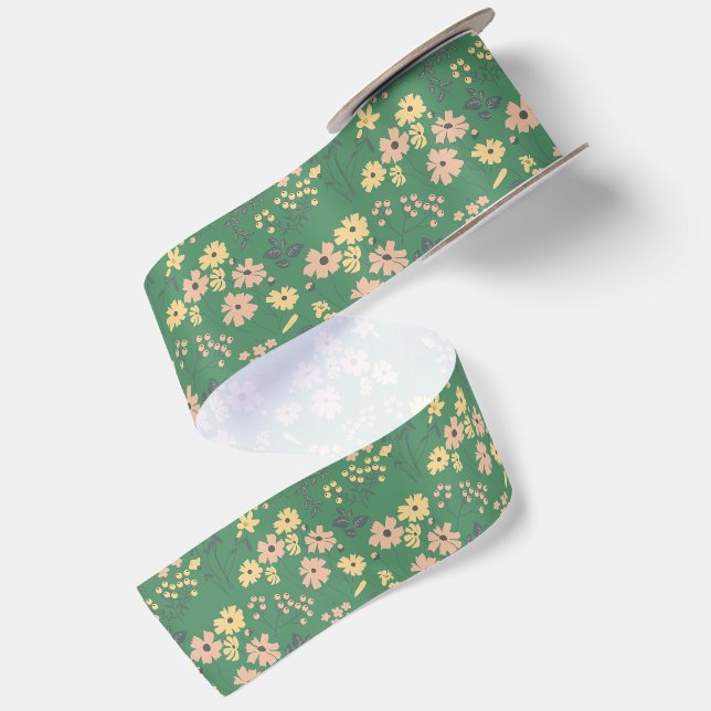 Modern Boho Green Floral Pattern Satin Ribbon (Front+Back)