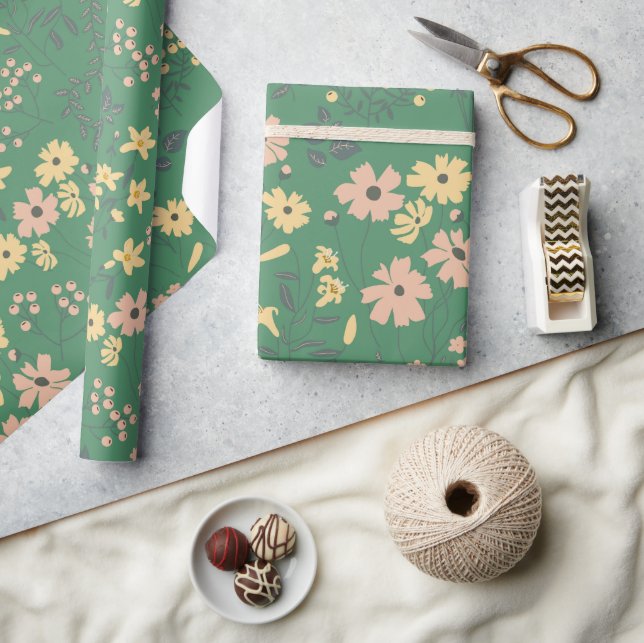 Modern Boho Green Floral Pattern Wrapping Paper (Crafts)