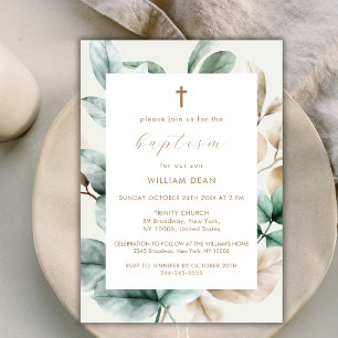 Modern Boho Greenery Cross Baptism Invitation