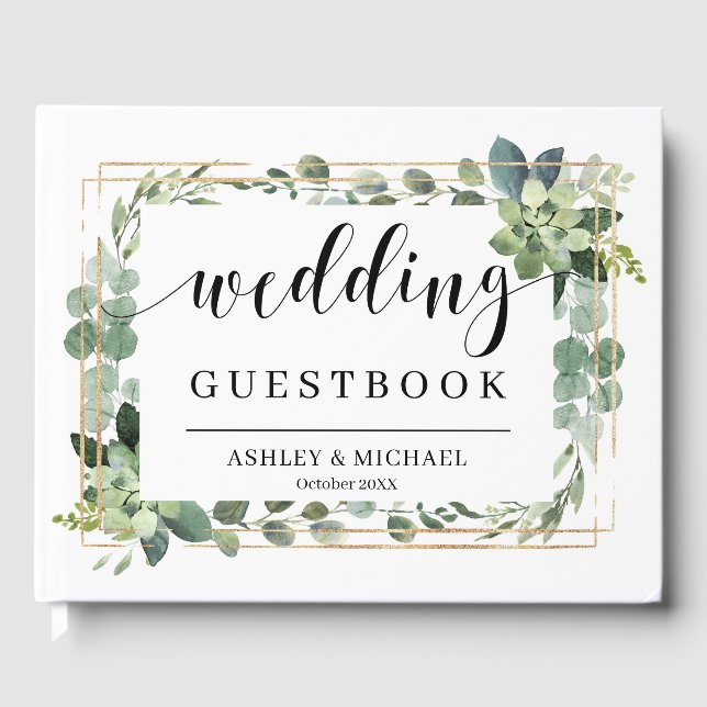 Modern Boho greenery foliage succulent wedding Guest Book (Front)