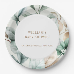 Modern Boho Greenery Leaves Baby Shower Paper Plate