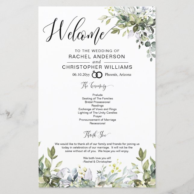 Modern Boho Greenery Wedding Program (Front)