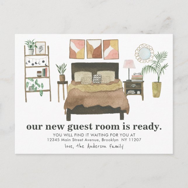 Modern Boho Guest Room Ready We've Moved Moving Announcement Postcard (Front)