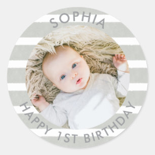 Modern Boho Happy 1st Birthday Photo Classic Round Sticker