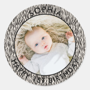 Modern Boho Happy 1st Birthday Photo Safari Classic Round Sticker