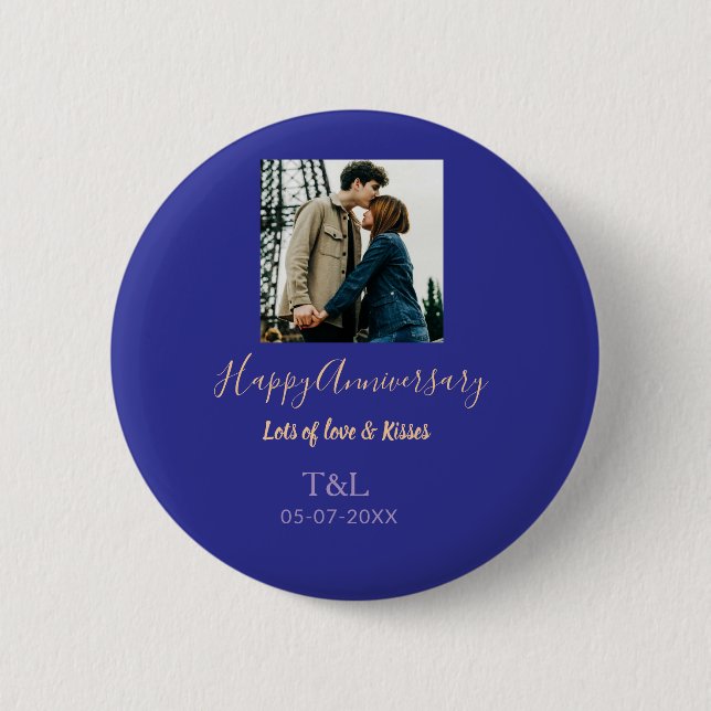 Modern boho happy anniversary add name blue orange 2 inch round button (Front)