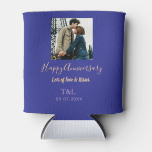 Modern boho happy anniversary add name blue orange can cooler