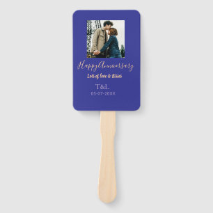 Modern boho happy anniversary add name blue orange hand fan
