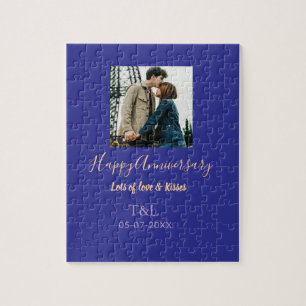 Modern boho happy anniversary add name blue orange jigsaw puzzle