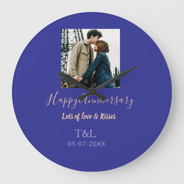 Modern boho happy anniversary add name blue orange large clock (Front)