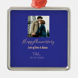 Modern boho happy anniversary add name blue orange metal ornament