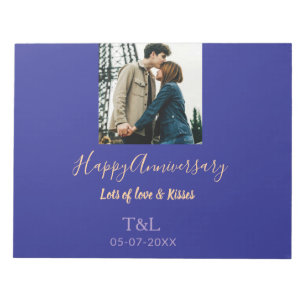 Modern boho happy anniversary add name blue orange notepad