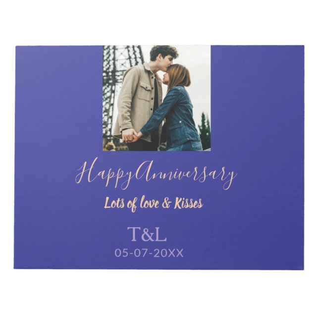 Modern boho happy anniversary add name blue orange notepad (Front)