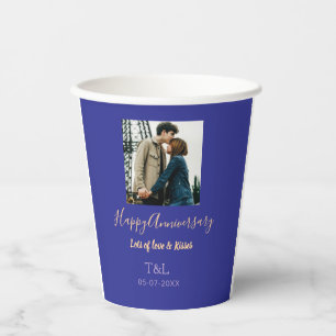 Modern boho happy anniversary add name blue orange paper cups