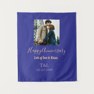 Modern boho happy anniversary add name blue orange tapestry