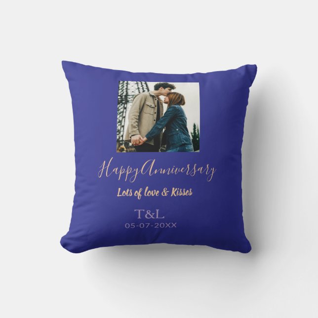 Modern boho happy anniversary add name blue orange throw pillow (Front)