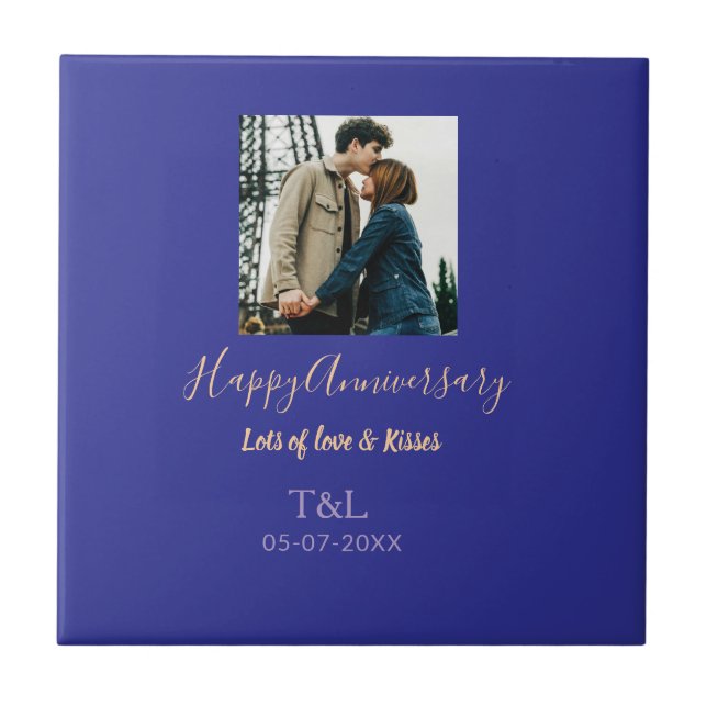 Modern boho happy anniversary add name blue orange tile (Front)
