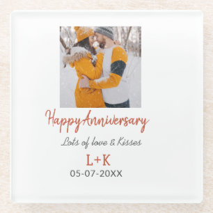 Modern boho happy anniversary add name date orange glass coaster