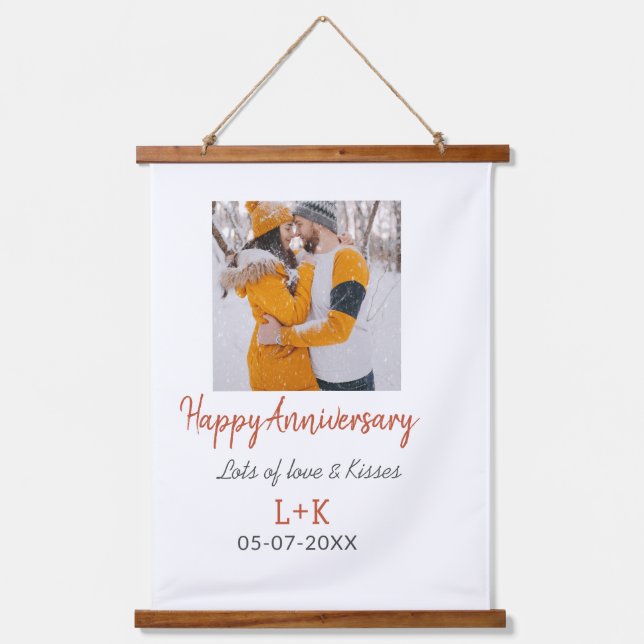 Modern boho happy anniversary add name date orange hanging tapestry (Front)