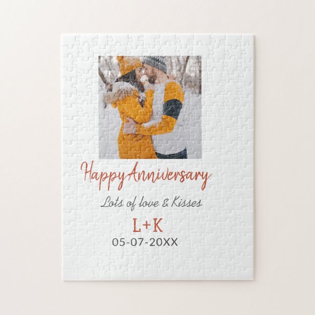 Modern boho happy anniversary add name date orange jigsaw puzzle (Vertical)
