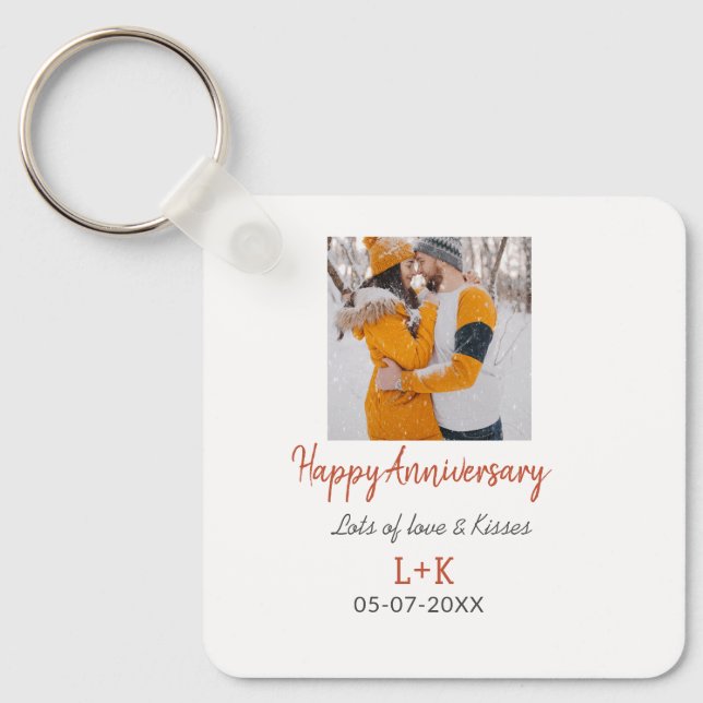 Modern boho happy anniversary add name date orange keychain (Front)