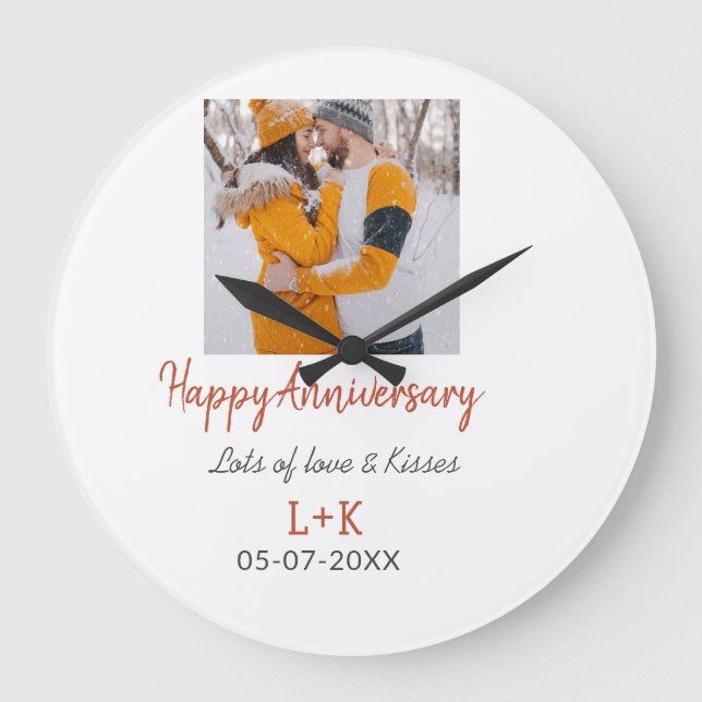 Modern boho happy anniversary add name date orange large clock (Front)