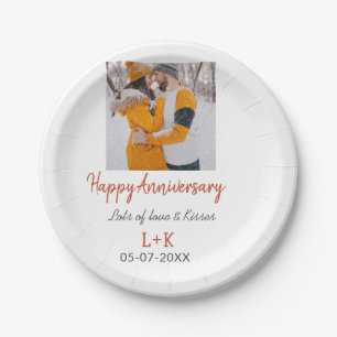 Modern boho happy anniversary add name date orange paper plate