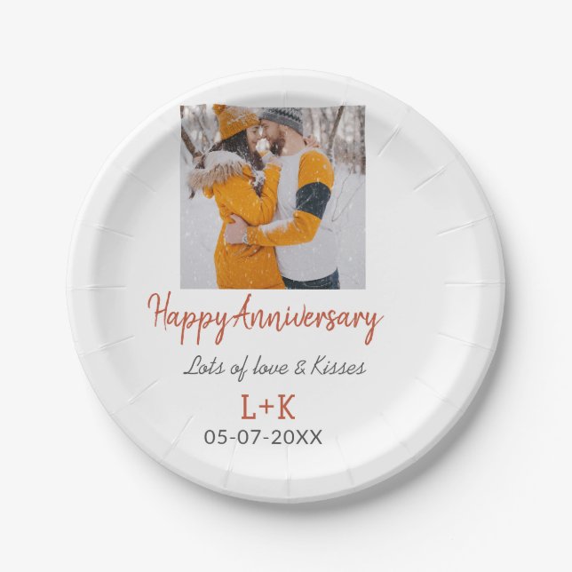 Modern boho happy anniversary add name date orange paper plate (Front)
