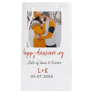 Modern boho happy anniversary add name date orange small gift bag