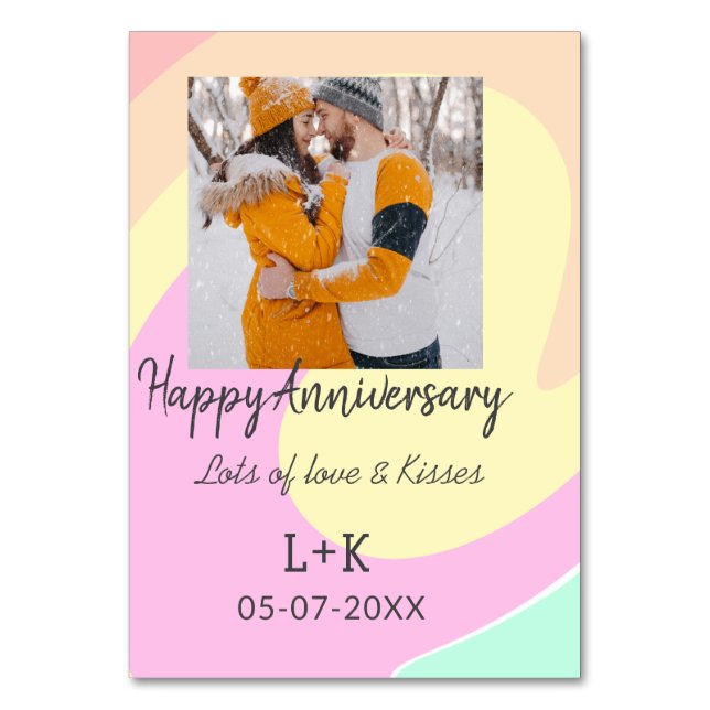 Modern boho happy anniversary add name date orange table number (Front)