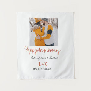 Modern boho happy anniversary add name date orange tapestry