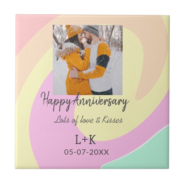 Modern boho happy anniversary add name date orange tile (Front)