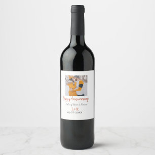 Modern boho happy anniversary add name date orange wine label