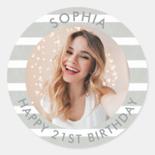 Modern Boho Happy Birthday Photo Classic Round Sticker