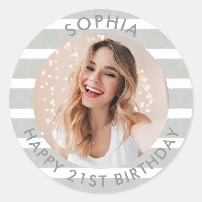 Modern Boho Happy Birthday Photo Classic Round Sticker (Front)