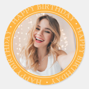 Modern Boho Happy Birthday retro mustard Photo  Classic Round Sticker