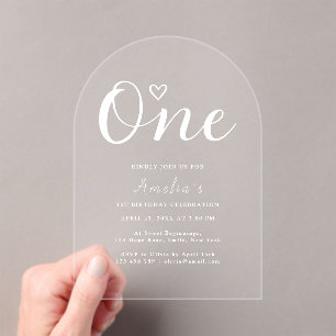 Modern Boho Heart White Script First Birthday Acrylic Invitations