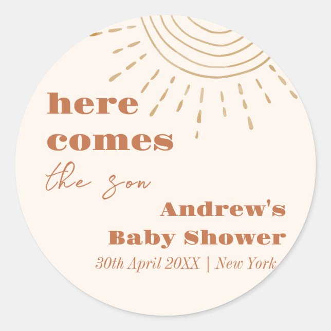 Modern Boho Here Comes The Son Baby Shower Classic Round Sticker (Front)