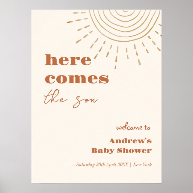 Modern Boho Here Comes The Son Baby Shower Welcome Poster (Front)