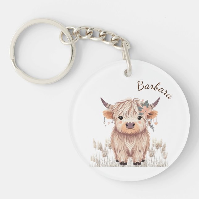 Modern Boho Highland Cow Keychain (Front)