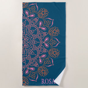 Modern Boho Mandala Medallion in Teal Personalized Beach Towel