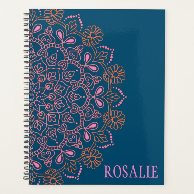 Modern Boho Mandala Medallion in Teal Personalized Planner (Front)